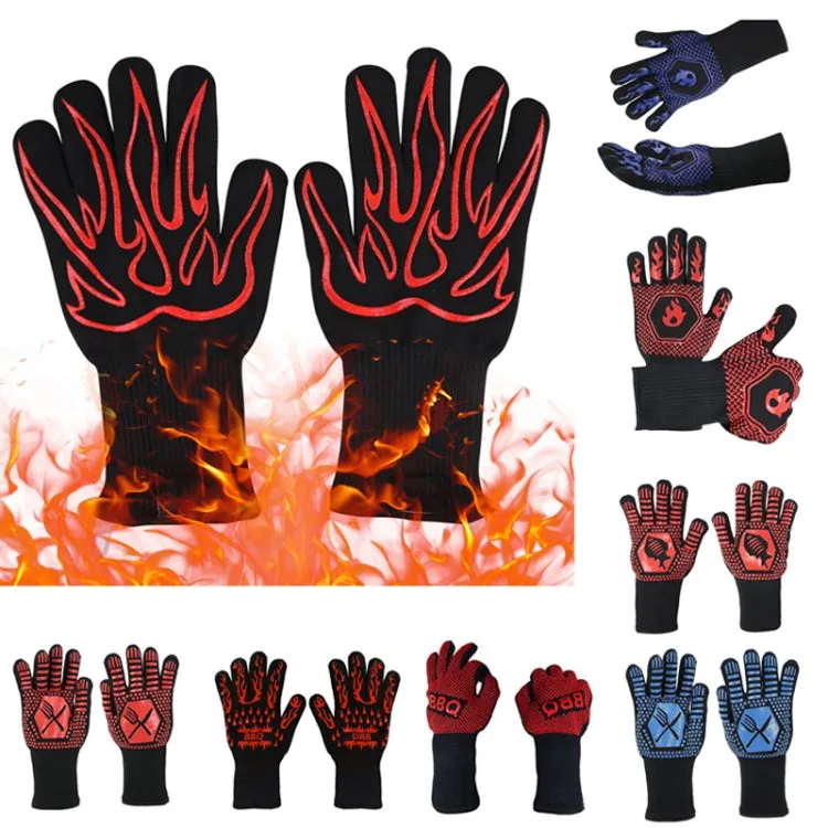 1 Pair High Temperature Resistant Silicone BBQ Gloves  Anti-Scalding Gloves(Big Flame Red)