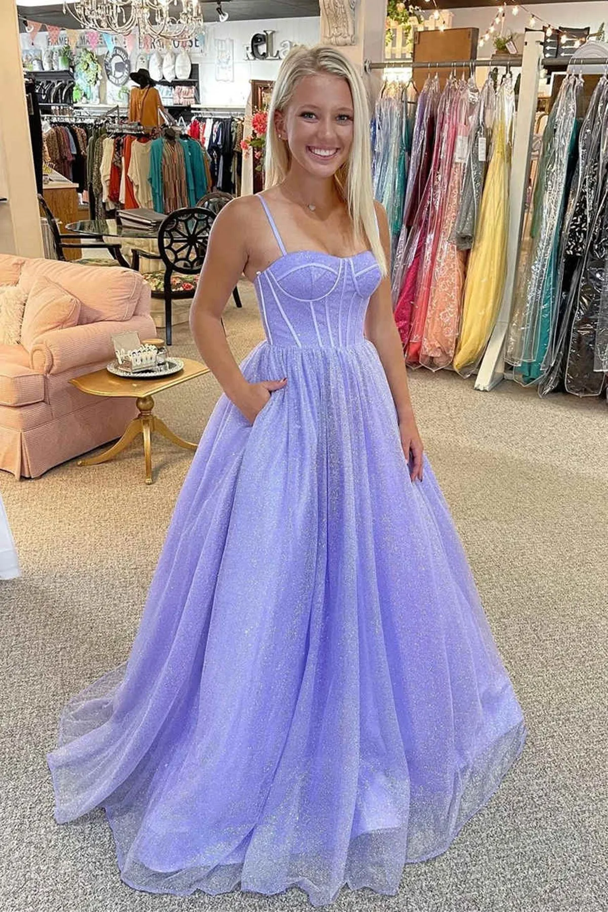 A Line Spaghetti Straps Blue/Pink/Lilac Tulle Long Prom Dresses, Shiny Blue/Pink/Lilac Formal Evening Dresses