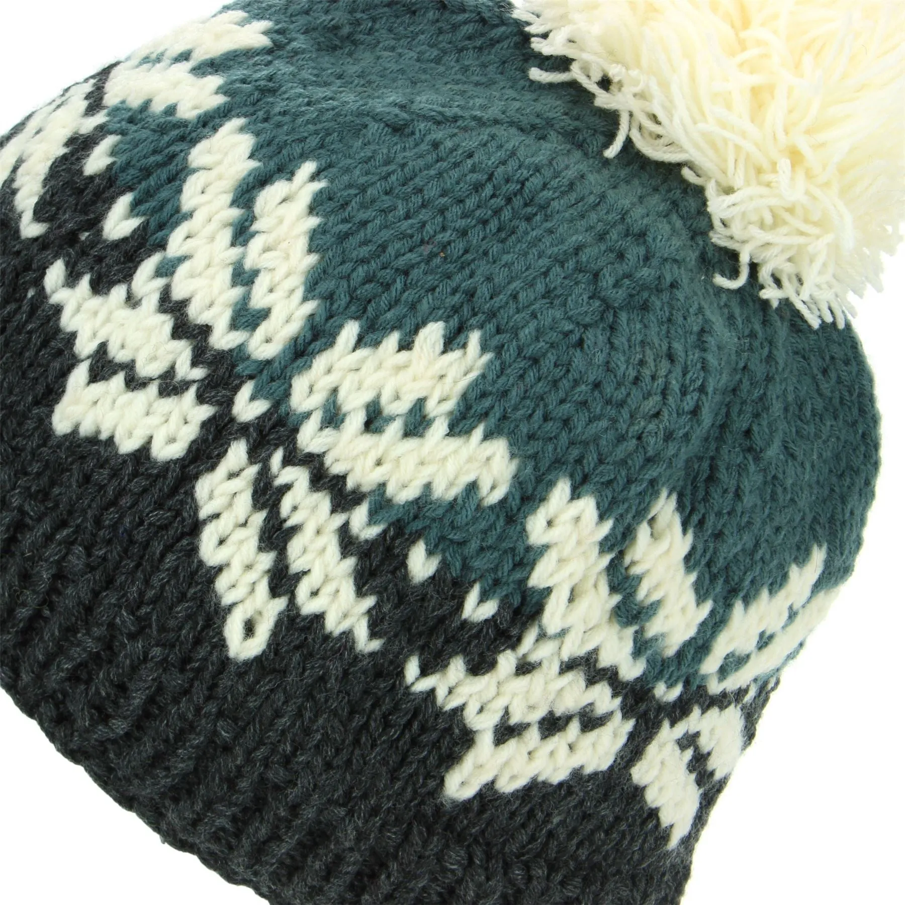 Acrylic Knit Fairisle Beanie Bobble Hat - Teal & Charcoal