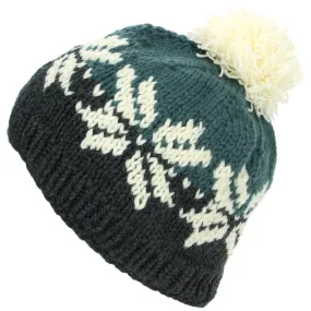 Acrylic Knit Fairisle Beanie Bobble Hat - Teal & Charcoal