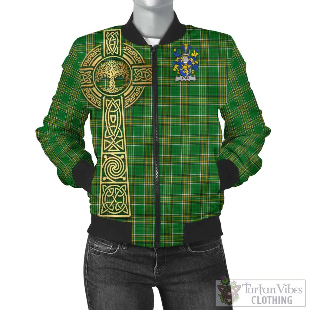 Agar Irish Clan Tartan Bomber Jacket with Coat of Arms Celtic Tree of Life Style