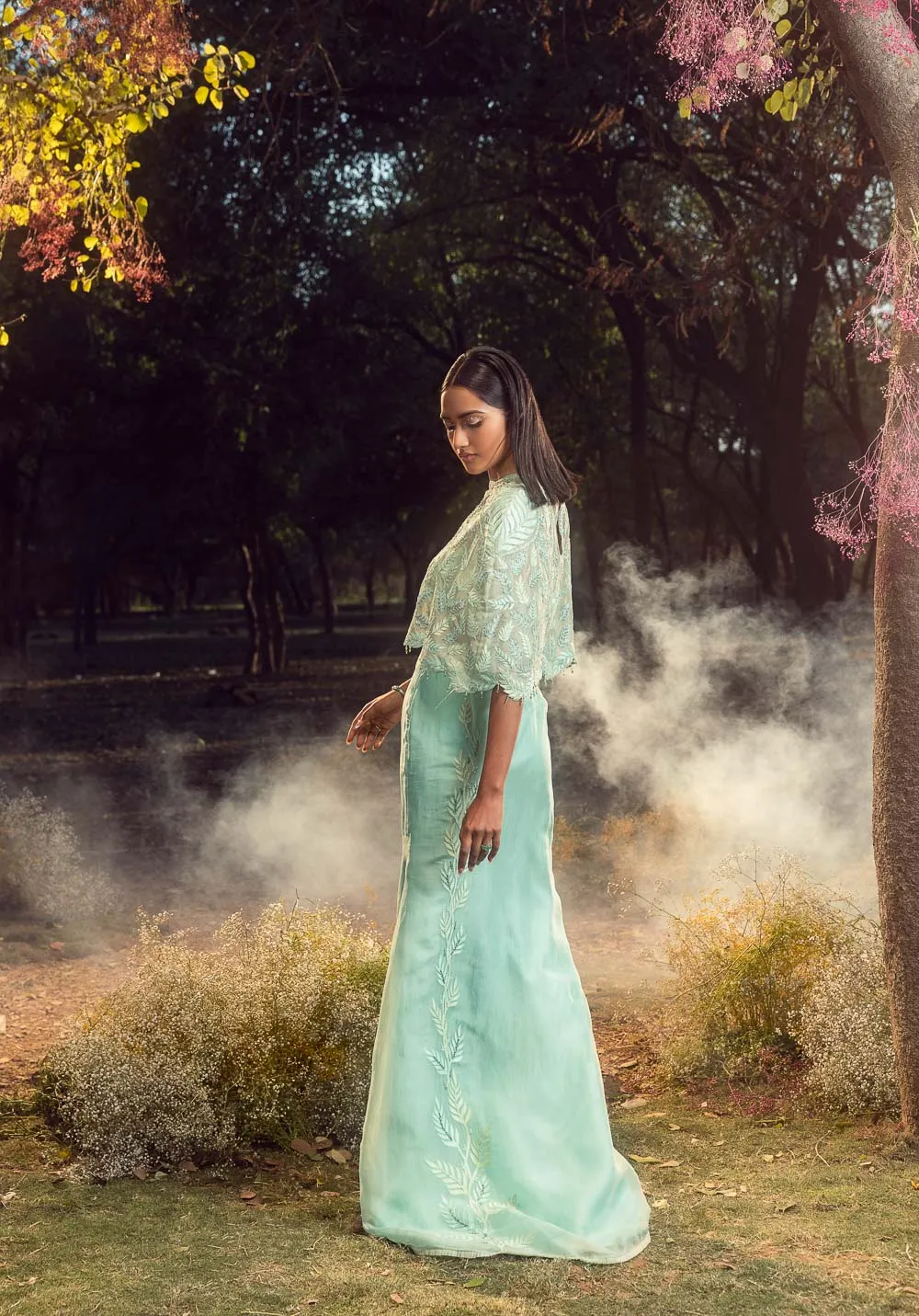 Aqua Blue And Green Skirt With Cape And Bustier