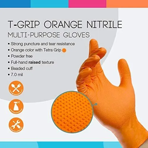 ASAP T-Grip Orange Nitrile Gloves - Powder Free (7 Mil), 500 Gloves