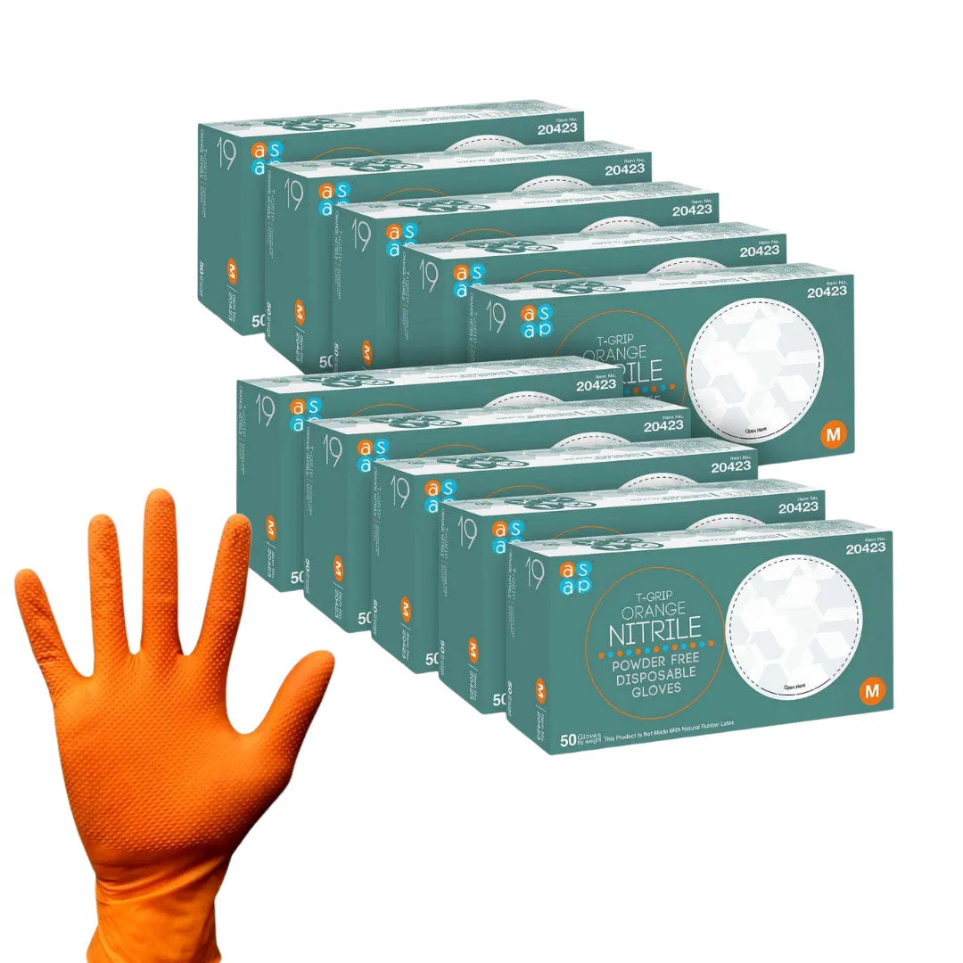 ASAP T-Grip Orange Nitrile Gloves - Powder Free (7 Mil), 500 Gloves