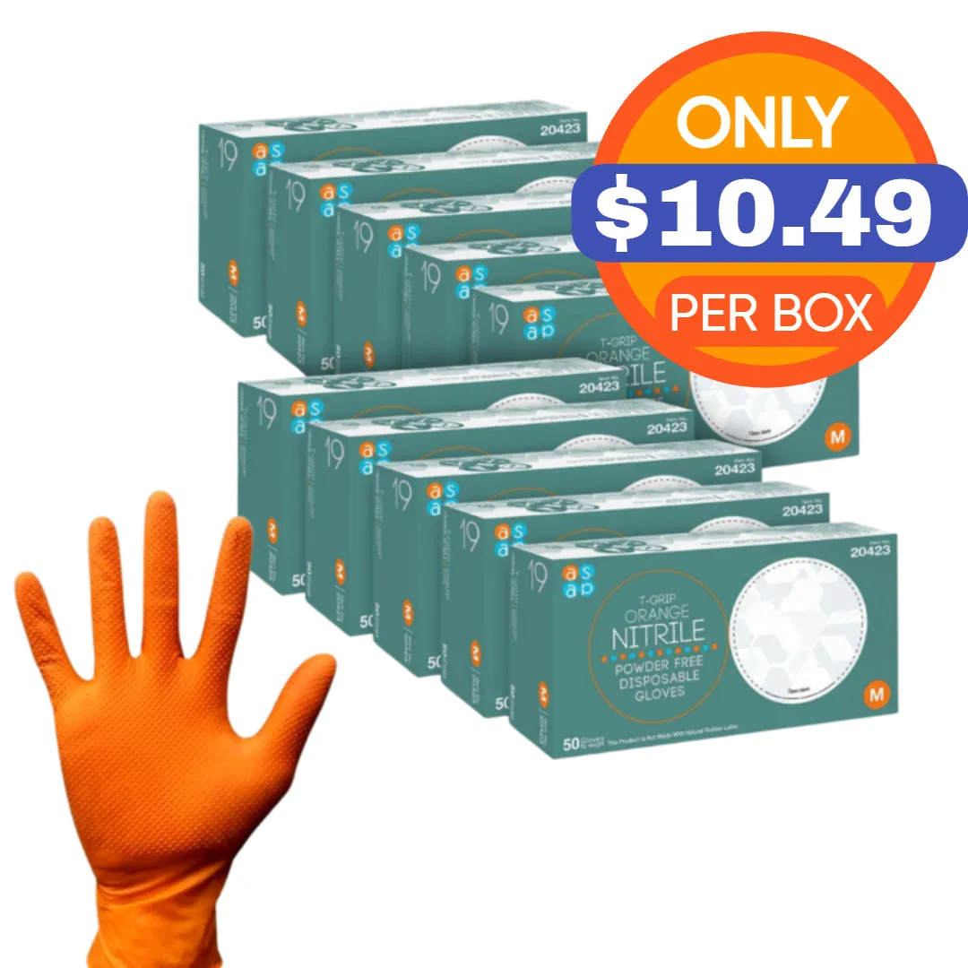 ASAP T-Grip Orange Nitrile Gloves - Powder Free (7 Mil), 500 Gloves