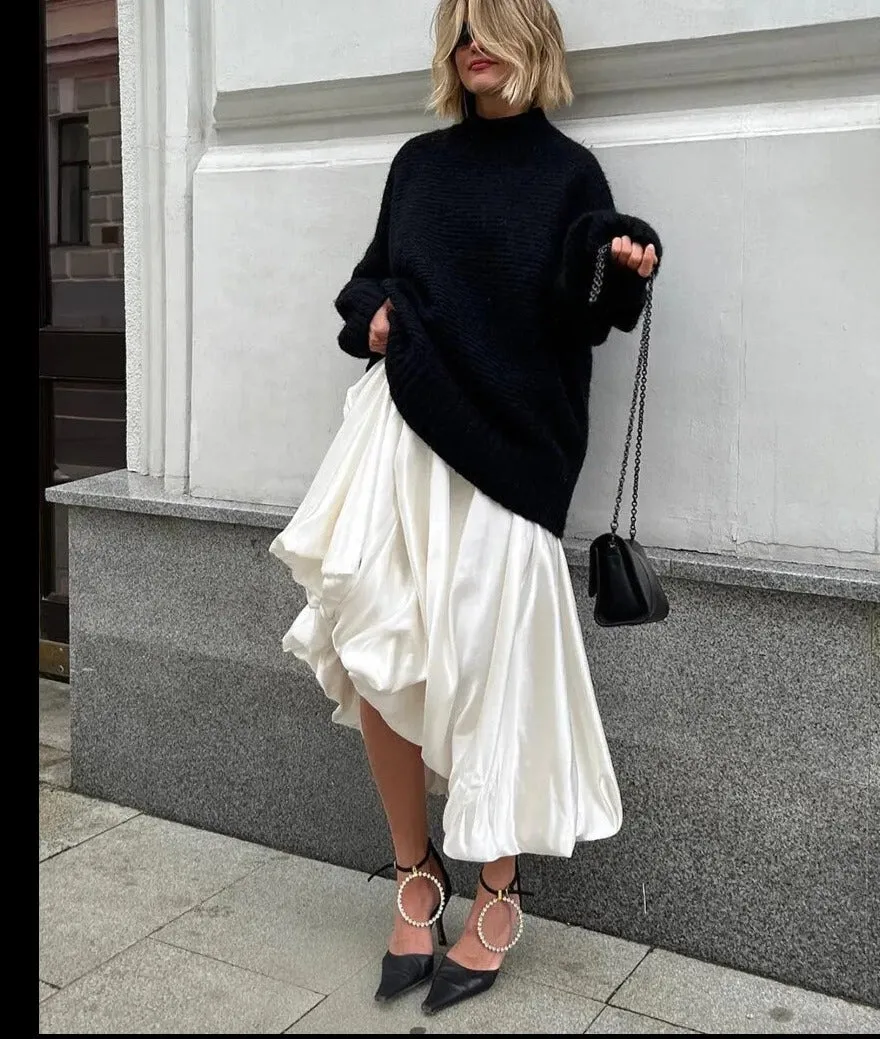 Ashore Shop Trend Long Puffy Beige Satin Skirts Office Lady Ankle-Length Skirt Casual Loose Skirt