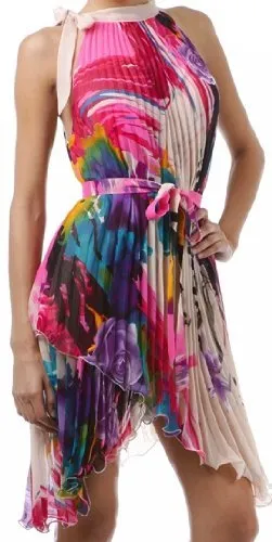 Asymmetrical Hem Pleated Short Sleeveless Dress with Rose Design