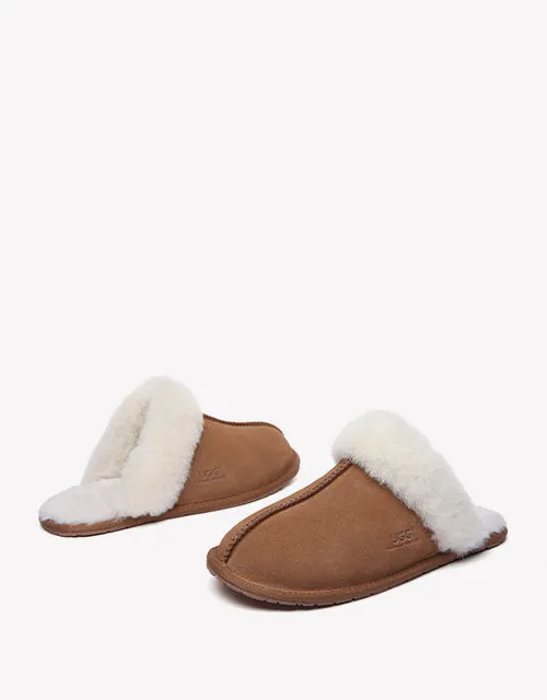 Australian Shepherd Premium Sheepskin Wool Unisex Scuff Ugg Slippers Rosa Water Resistant