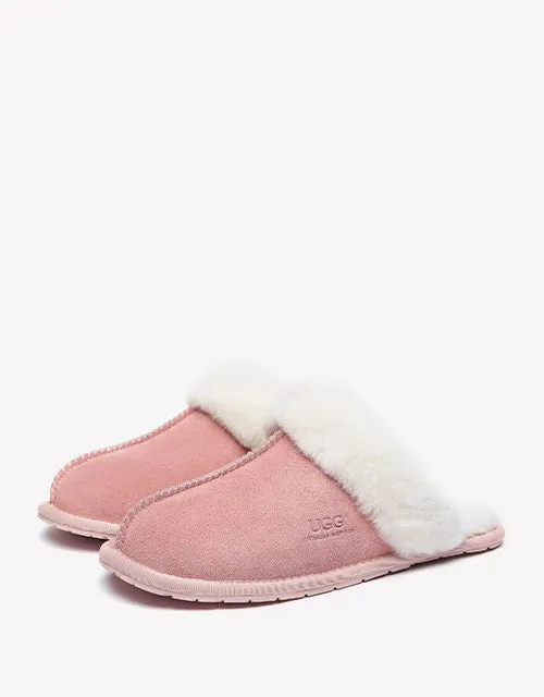 Australian Shepherd Premium Sheepskin Wool Unisex Scuff Ugg Slippers Rosa Water Resistant