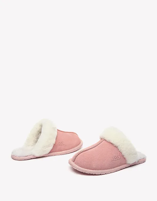 Australian Shepherd Premium Sheepskin Wool Unisex Scuff Ugg Slippers Rosa Water Resistant