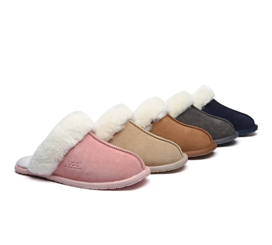 Australian Shepherd Premium Sheepskin Wool Unisex Scuff Ugg Slippers Rosa Water Resistant