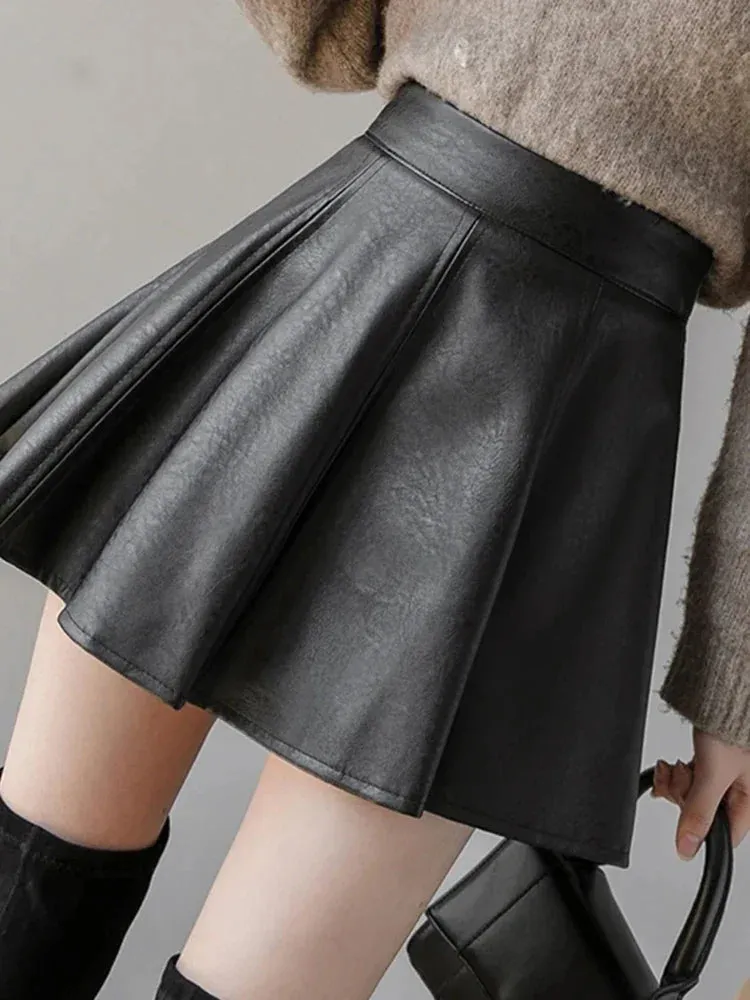 Autumn Korean Fashion Women's Solid Color PU Pleated Skirts Slim Fit High Waisted Unique Zippered Mini Leather Skirt