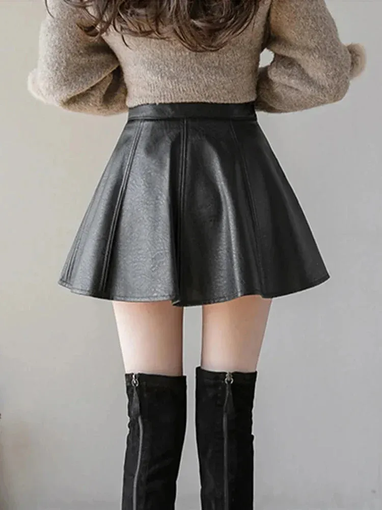 Autumn Korean Fashion Women's Solid Color PU Pleated Skirts Slim Fit High Waisted Unique Zippered Mini Leather Skirt