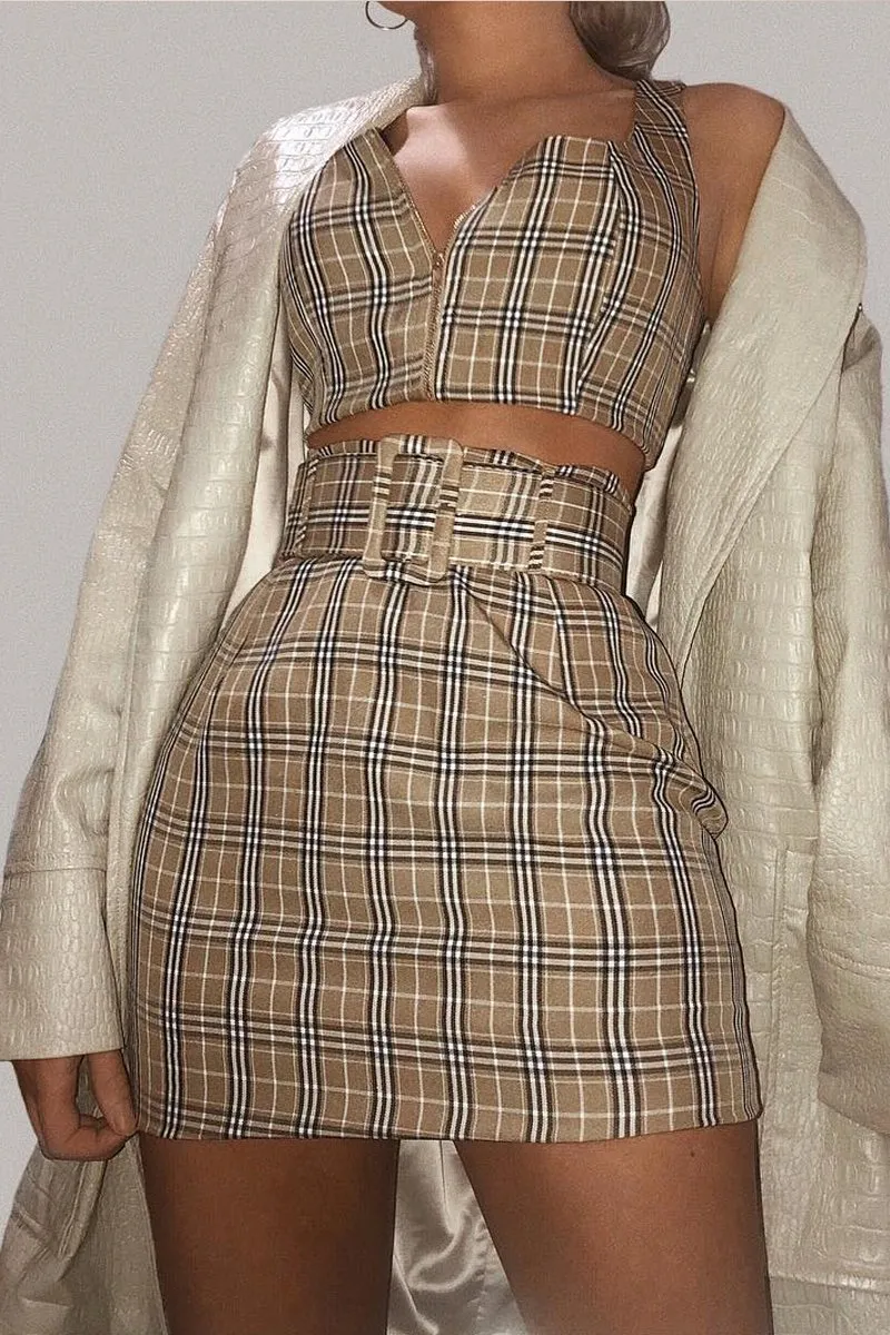 Beige Check Zip Front Bralet Belted Skirt Co-Ord - Cherise