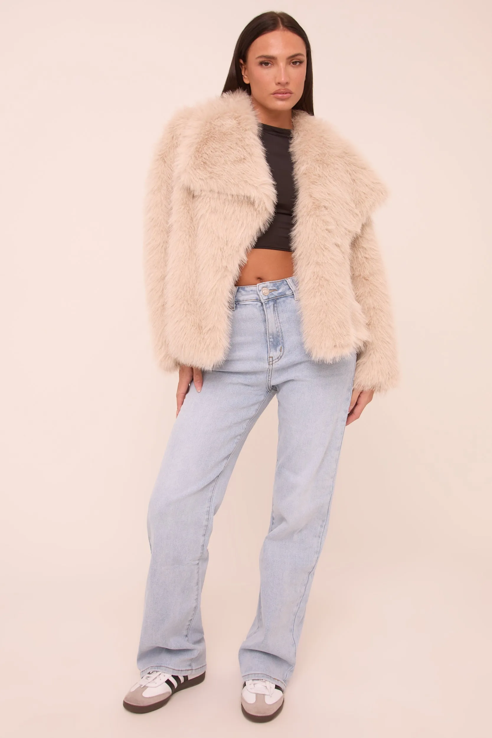 Beige Faux Fur Long Sleeves Cropped Coat - Halo