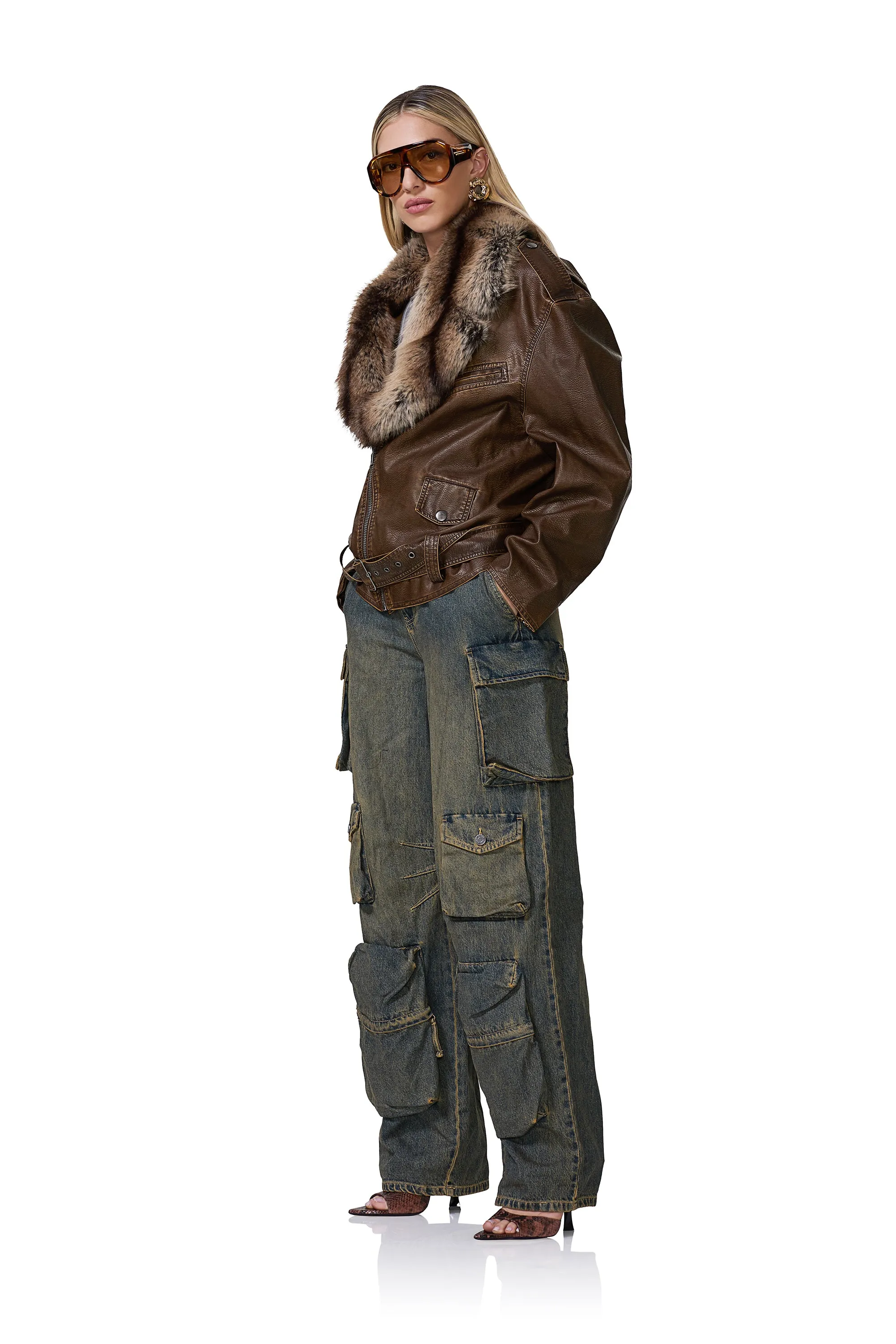 Blaise Fur Moto Jacket - Washed Brown