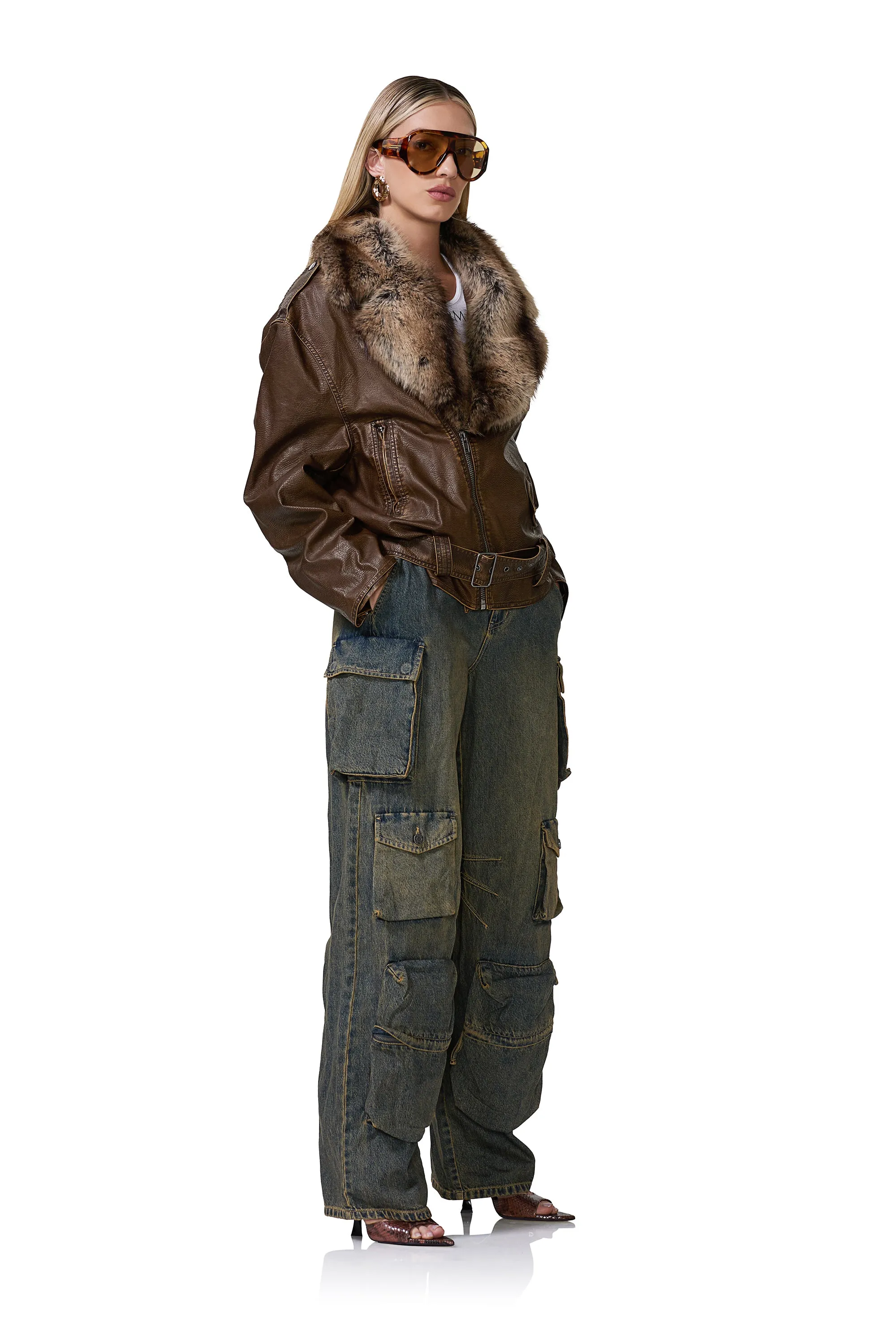 Blaise Fur Moto Jacket - Washed Brown