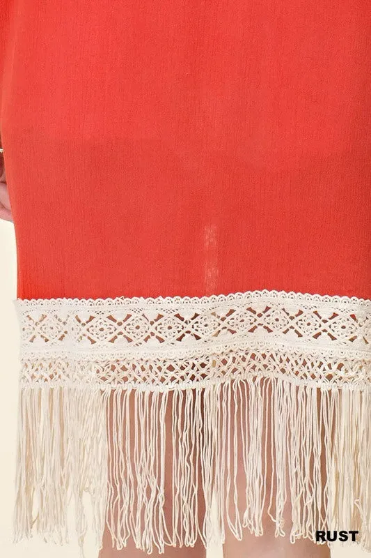 Bohemian Crochet & Fringe Kimono Jacket, Rust