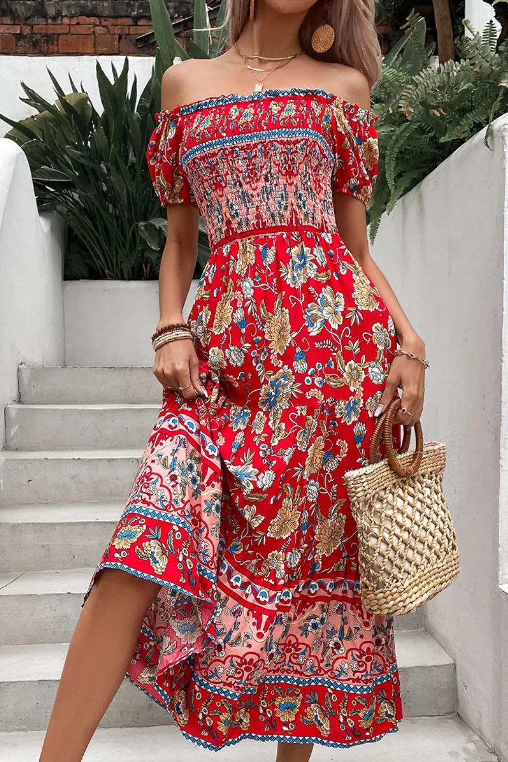 Boho Floral Off-Shoulder Vacation Midi Dress