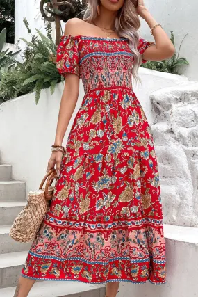 Boho Floral Off-Shoulder Vacation Midi Dress