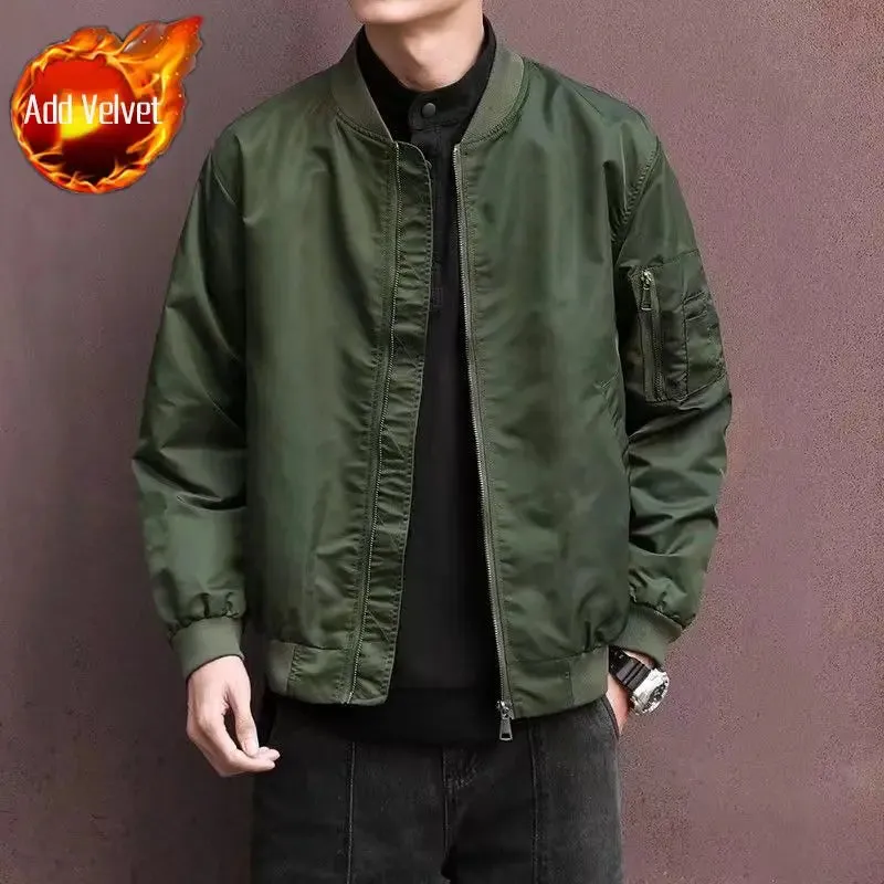 Bonsir Baseball Coat Warm Zip V Solid Color Bomber Jacket for Men Fleeced Joker Cheap Clothes Offer Luxury Designer Y2k Deals Cold