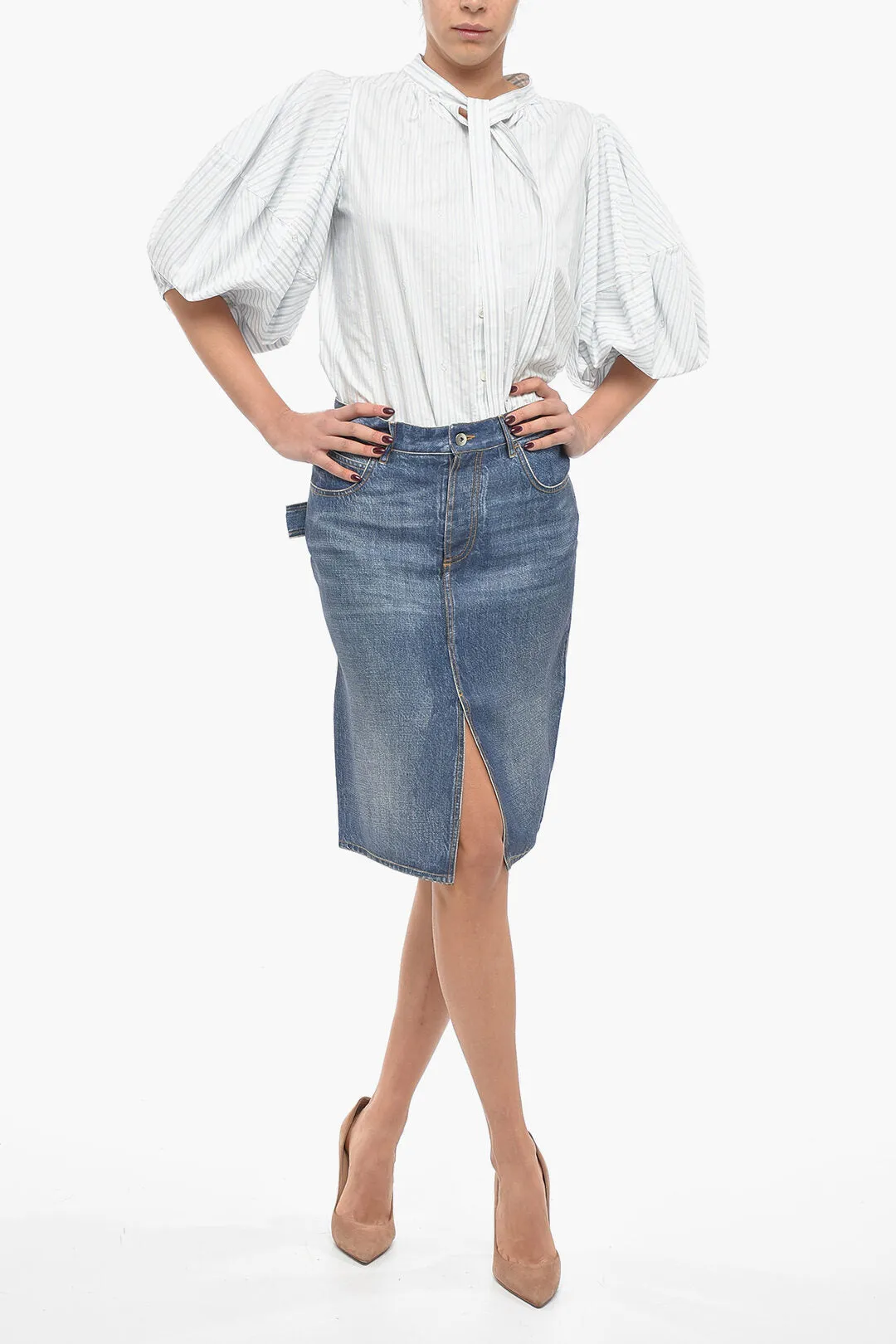 Bottega Veneta Crepe Denim Effect Mni Skirt with Front Slit