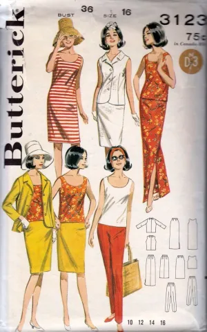 Butterick 3123 Vintage 1960's Sewing Patterns Ladies Jacket Skirt Top Pants Beachdress