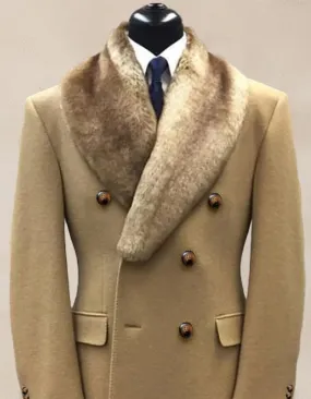 Camel Hair Overcoat - Peacoat With Fur Collar - Double Breasted Wool And Cashmere Alberto Nardoni Car Coat