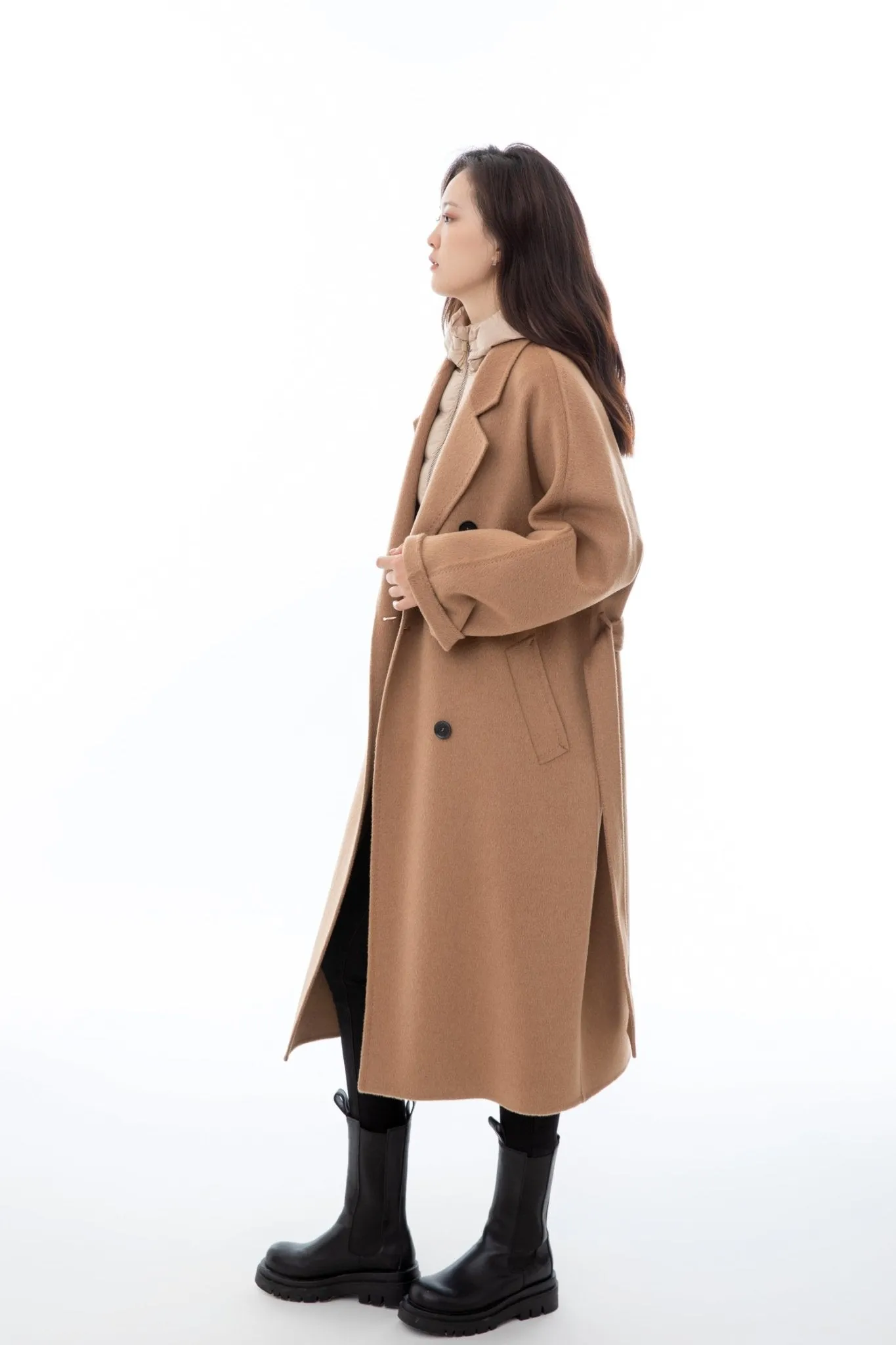 Camel Wool Overcoats with Waistband