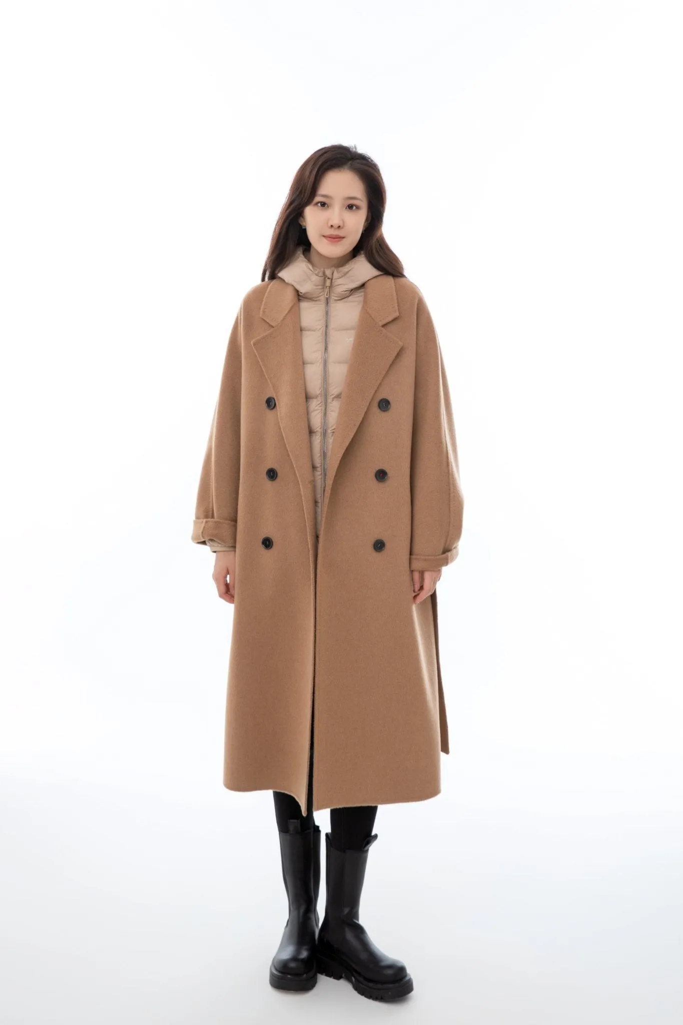 Camel Wool Overcoats with Waistband