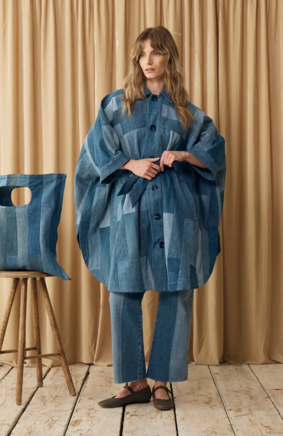 Celeste Coat Tessellated Patchwork Denim Mid Blue