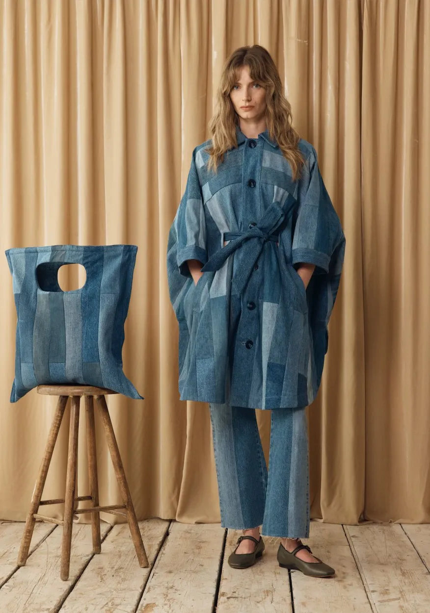 Celeste Coat Tessellated Patchwork Denim Mid Blue