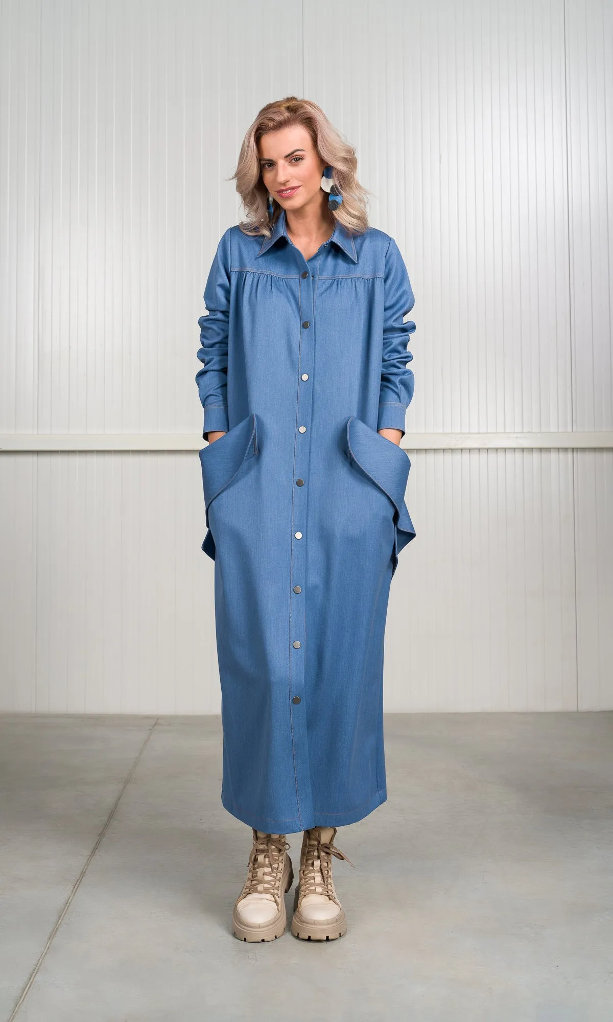 Chambray Shirt Dress with Flap Pockets