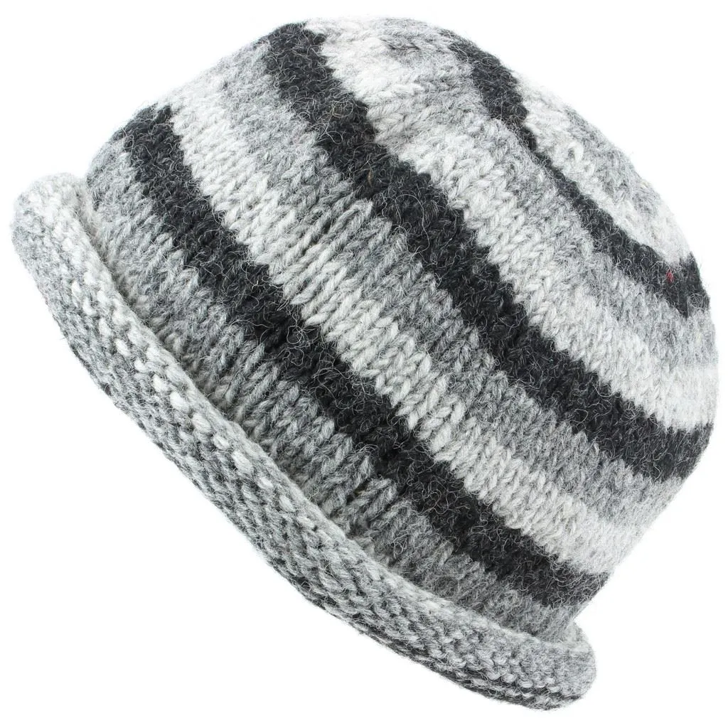 Chunky Wool Knit Beanie Hat with Rolled Brim - Grey