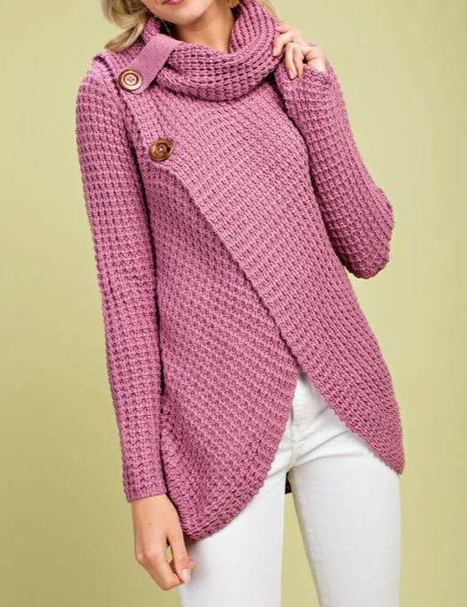 Cowl Neck Asymmetric Wrap Sweater, Lavender