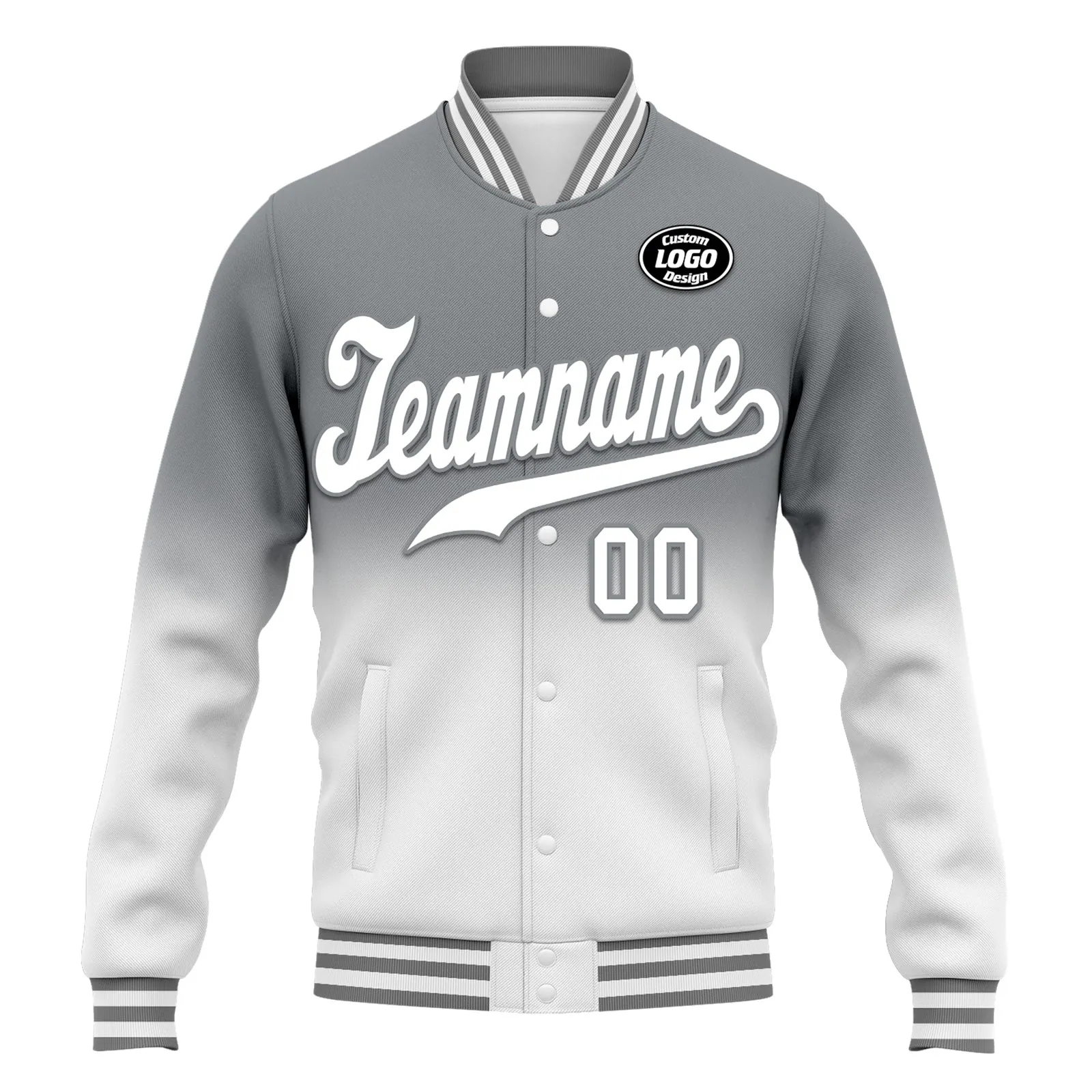 Custom Gray White Fade Fashion Jacket Bomber Full-Snap Varsity Letterman Personalized Jacket FZ005-D020229-15