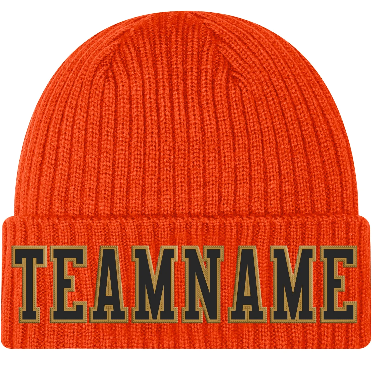 Custom Orange Black-Old Gold Stitched Cuffed Knit Hat