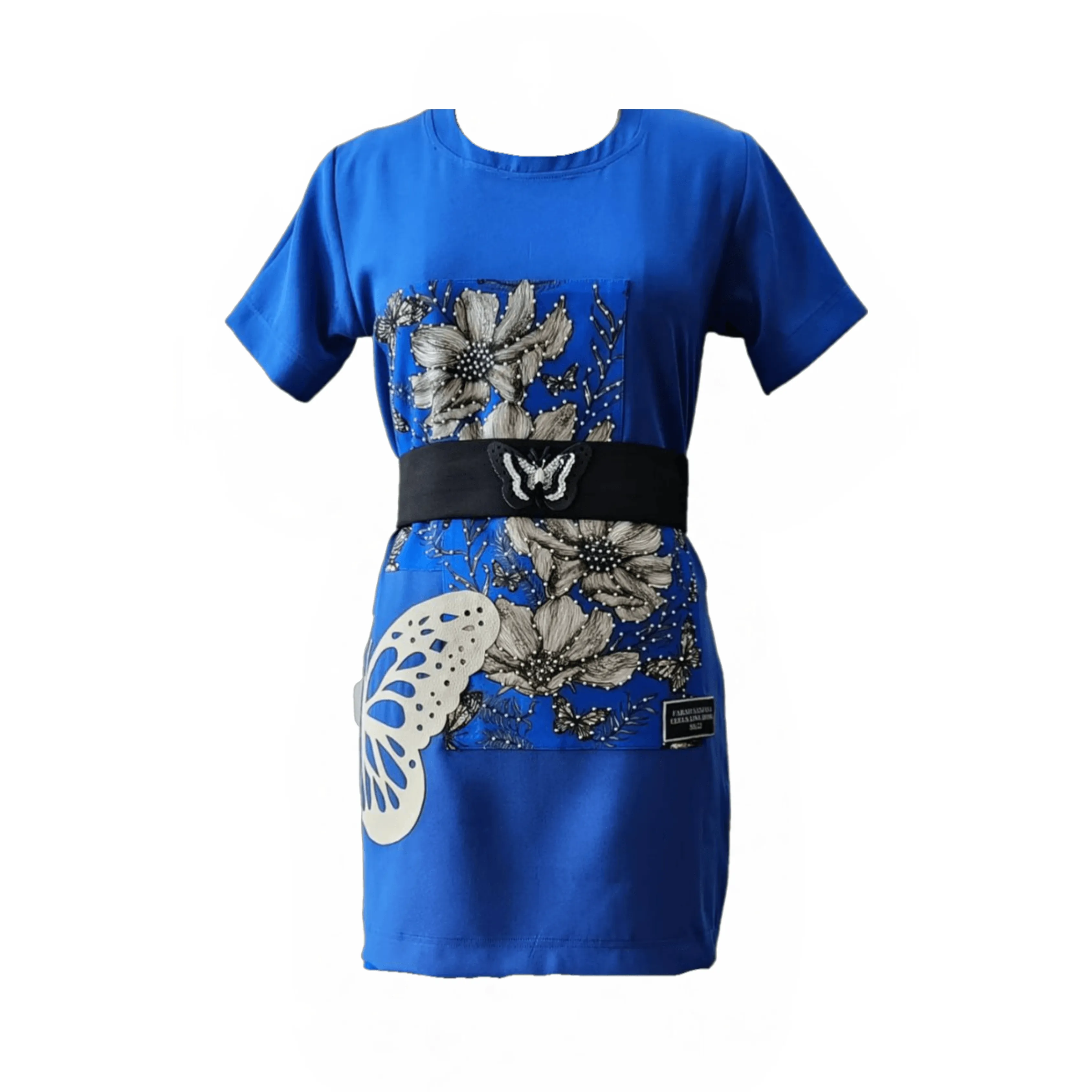 Electric Blue Butterfly T-Shirt Dress with Belt