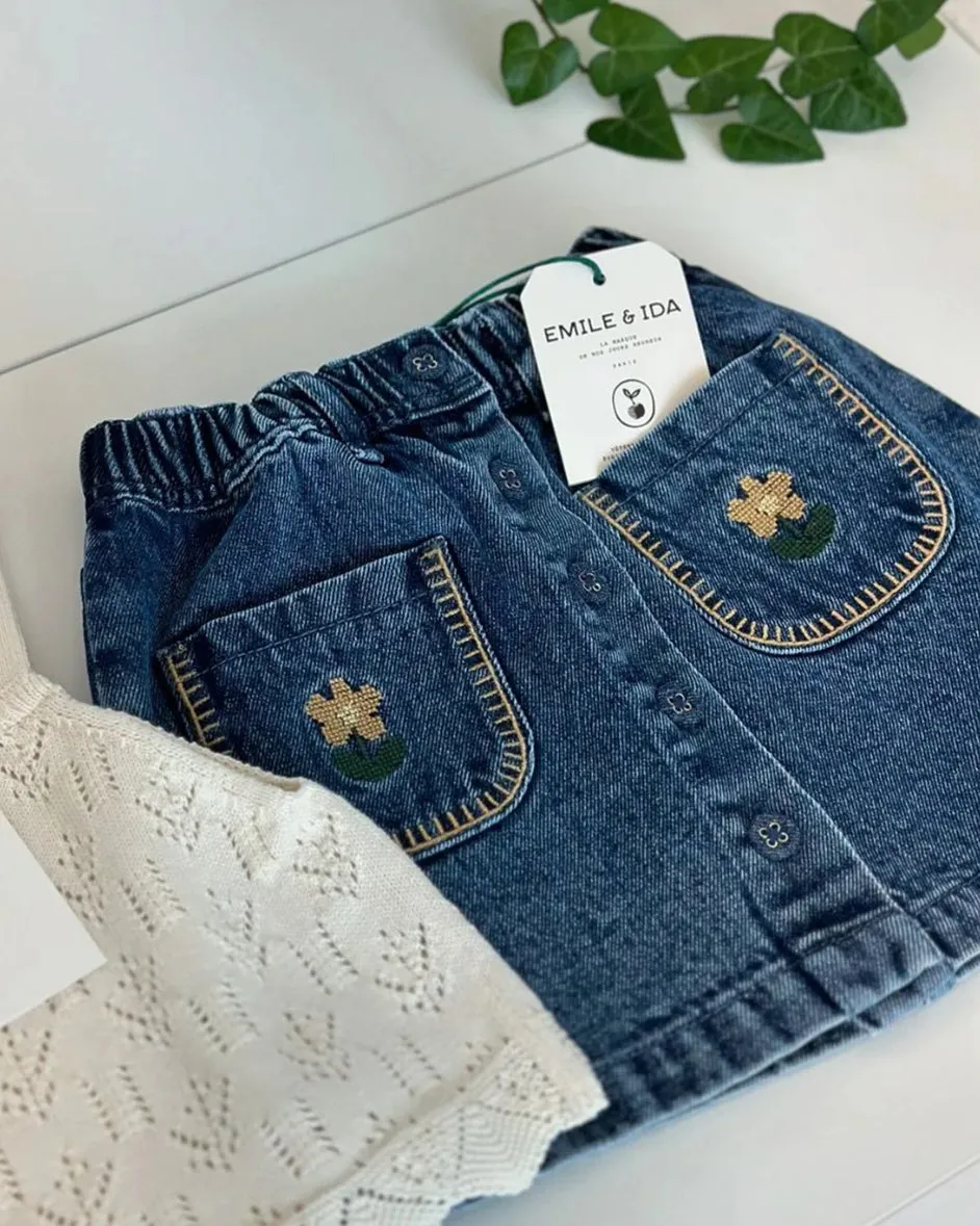 Emile et Ida Denim Embroidered Skirt