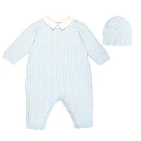 Emile et Rose - pale blue, cable knit all in one with hat, Ronnie