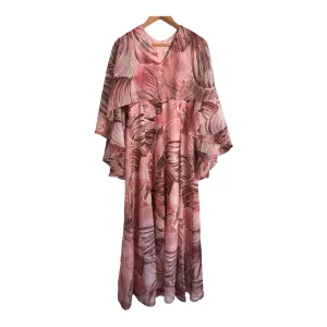 En Ka Vintage Sleeveless Chiffon Maxi Cape Dress Pink Multi Swirl Block Print UK Size 8-10