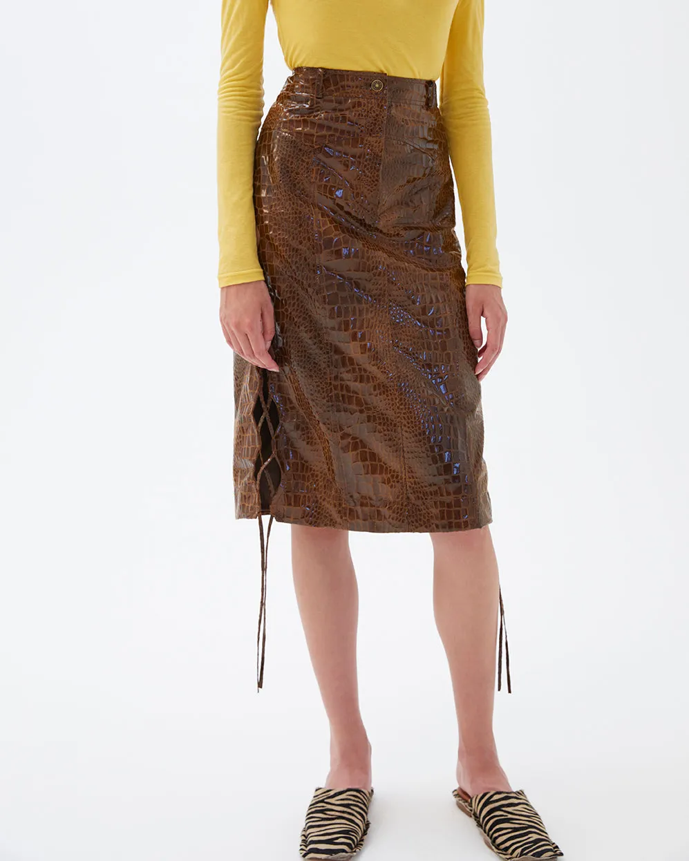 Erin Skirt Faux Leather Croc Brown