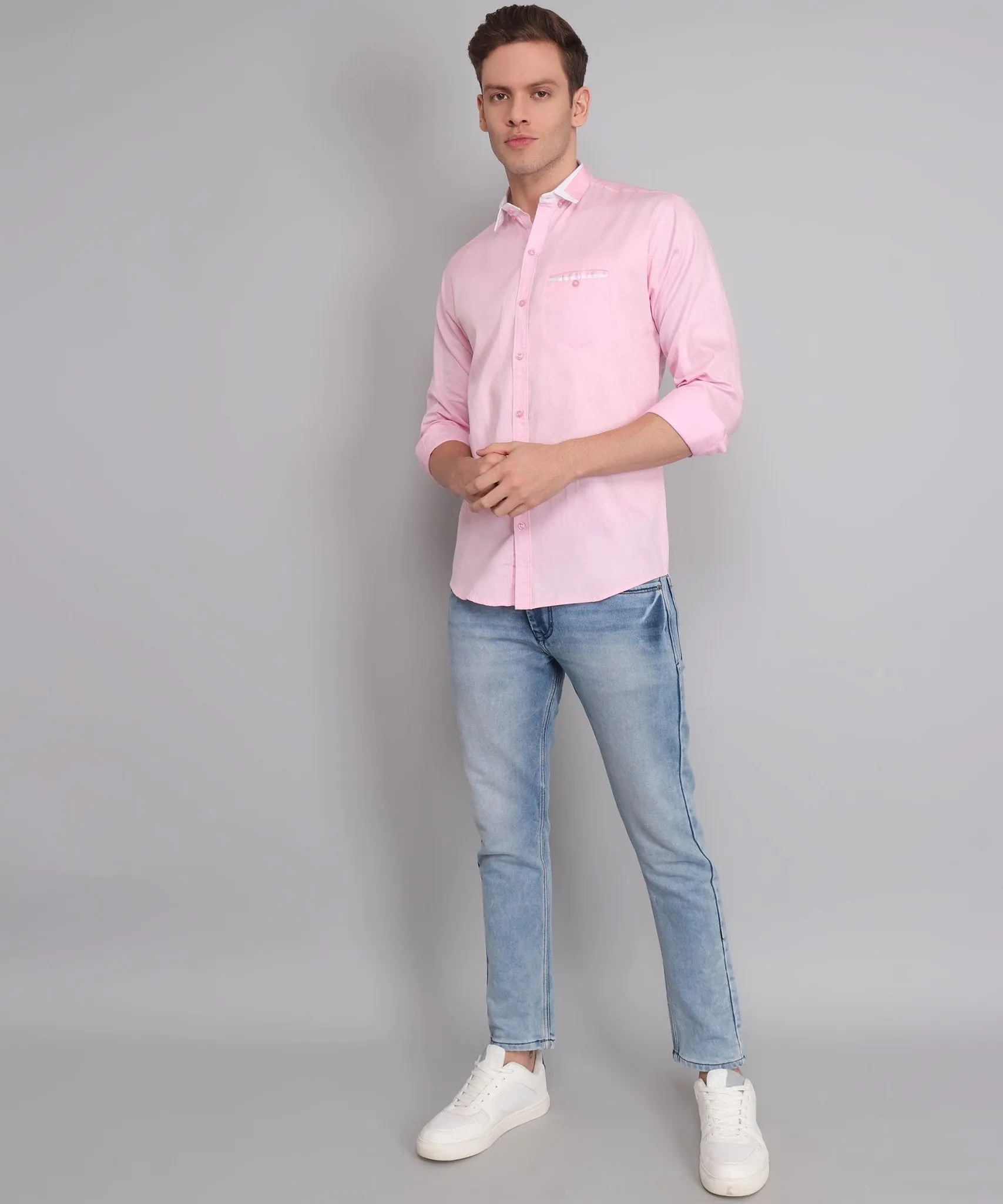 Fancy Fabulous TryBuy Premium Pink Solid Cotton Button-Up Shirt for Men