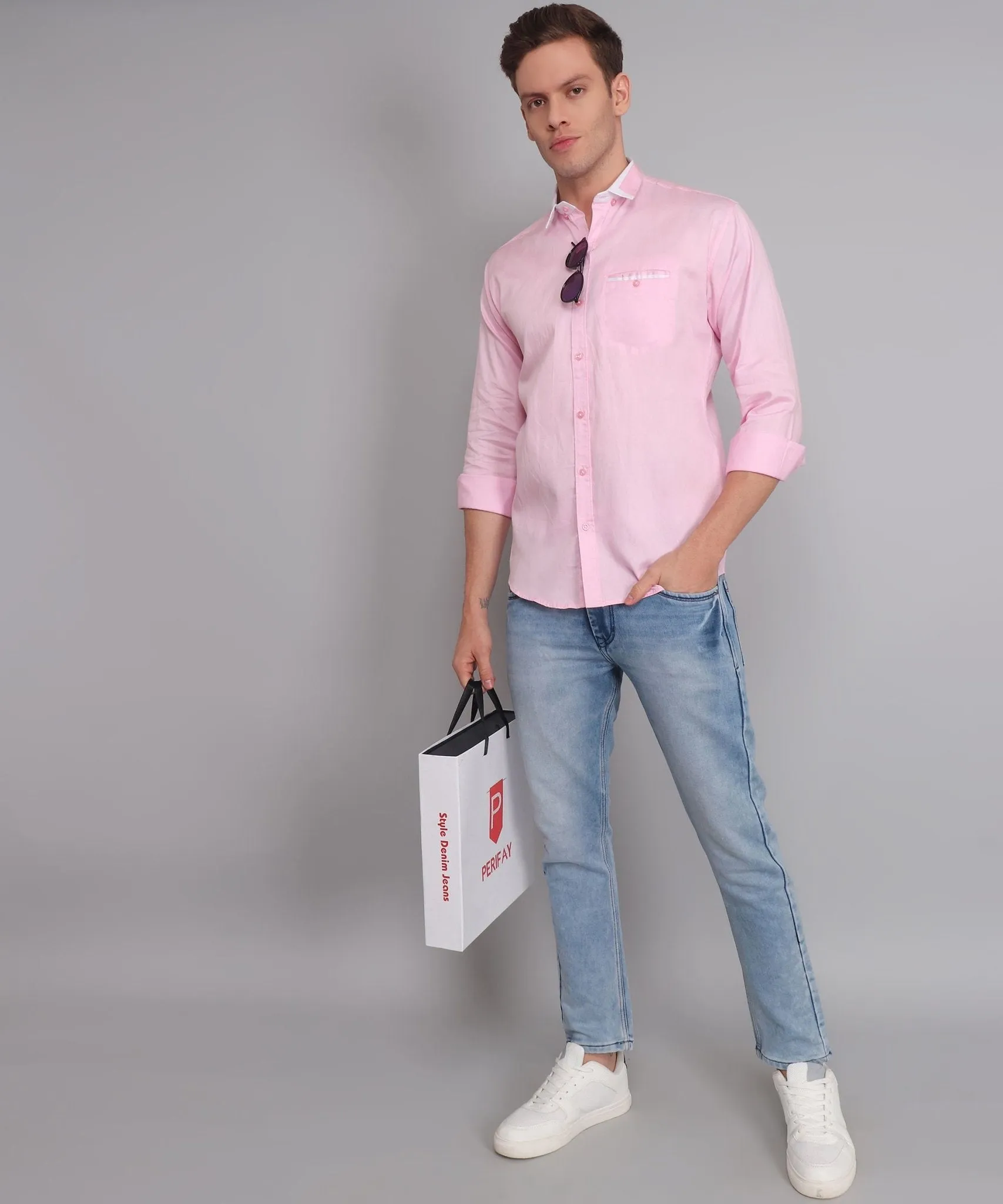 Fancy Fabulous TryBuy Premium Pink Solid Cotton Button-Up Shirt for Men