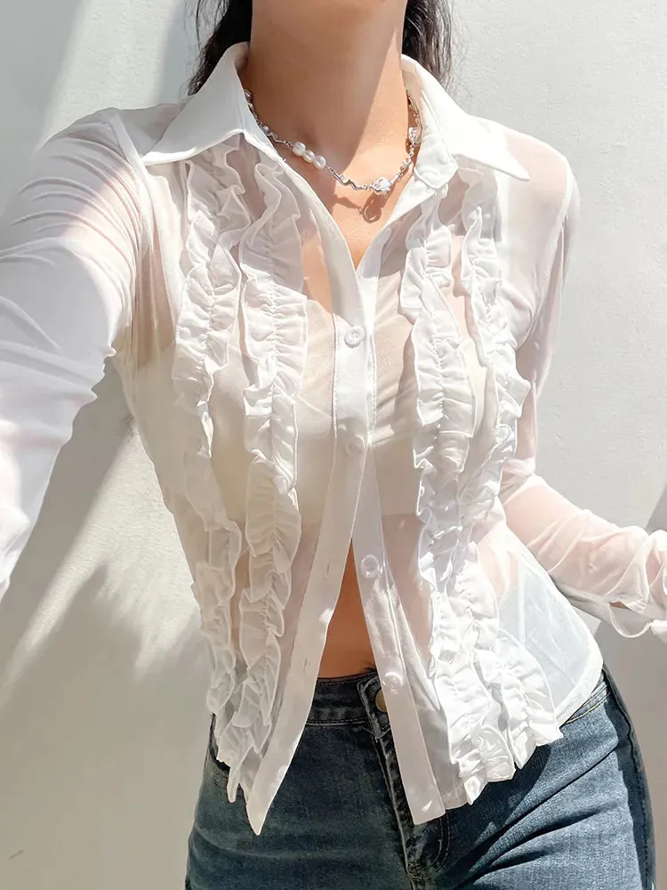 Fashion White Ruffles Patchwork Women Blouses Mesh Top See Through Buttons Up Cardigan Spring Summer Sexy Shirts Chic