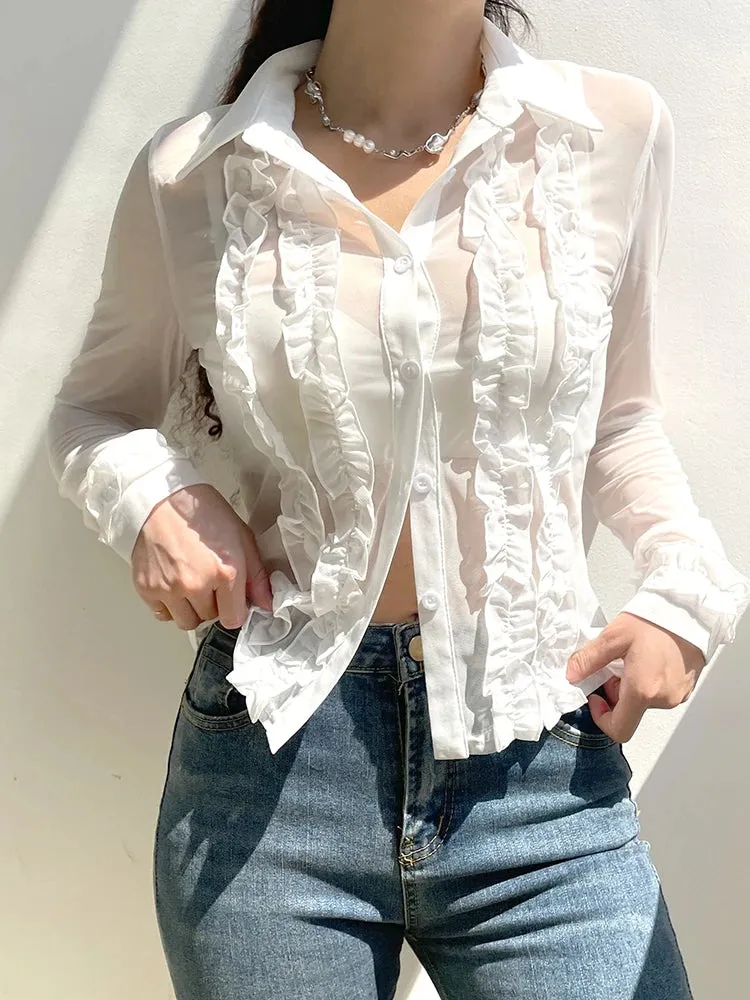 Fashion White Ruffles Patchwork Women Blouses Mesh Top See Through Buttons Up Cardigan Spring Summer Sexy Shirts Chic