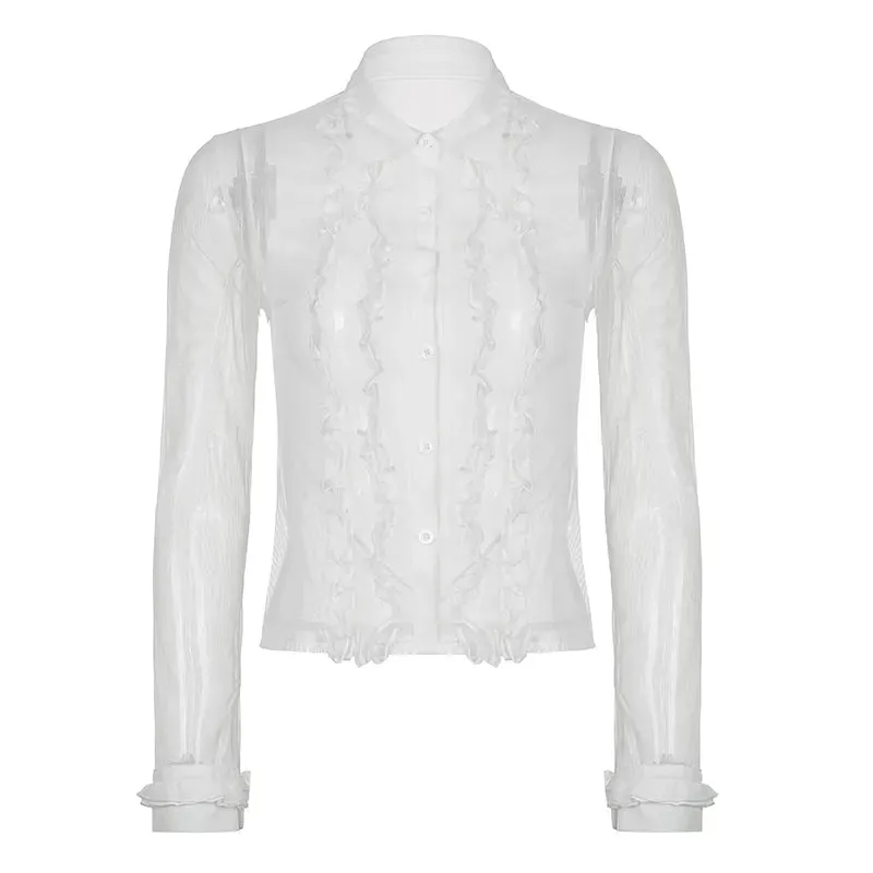 Fashion White Ruffles Patchwork Women Blouses Mesh Top See Through Buttons Up Cardigan Spring Summer Sexy Shirts Chic