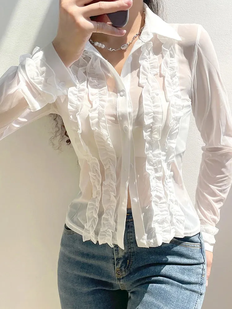 Fashion White Ruffles Patchwork Women Blouses Mesh Top See Through Buttons Up Cardigan Spring Summer Sexy Shirts Chic