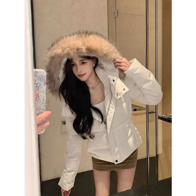 Fashionkova shoes Women's Large Fur Collar Hooded White down Jacket 2024 Winter High-Grade Short 90 White Duck down Warm Jacket