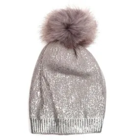 Faux Fur Pom Pom Hat - Silver